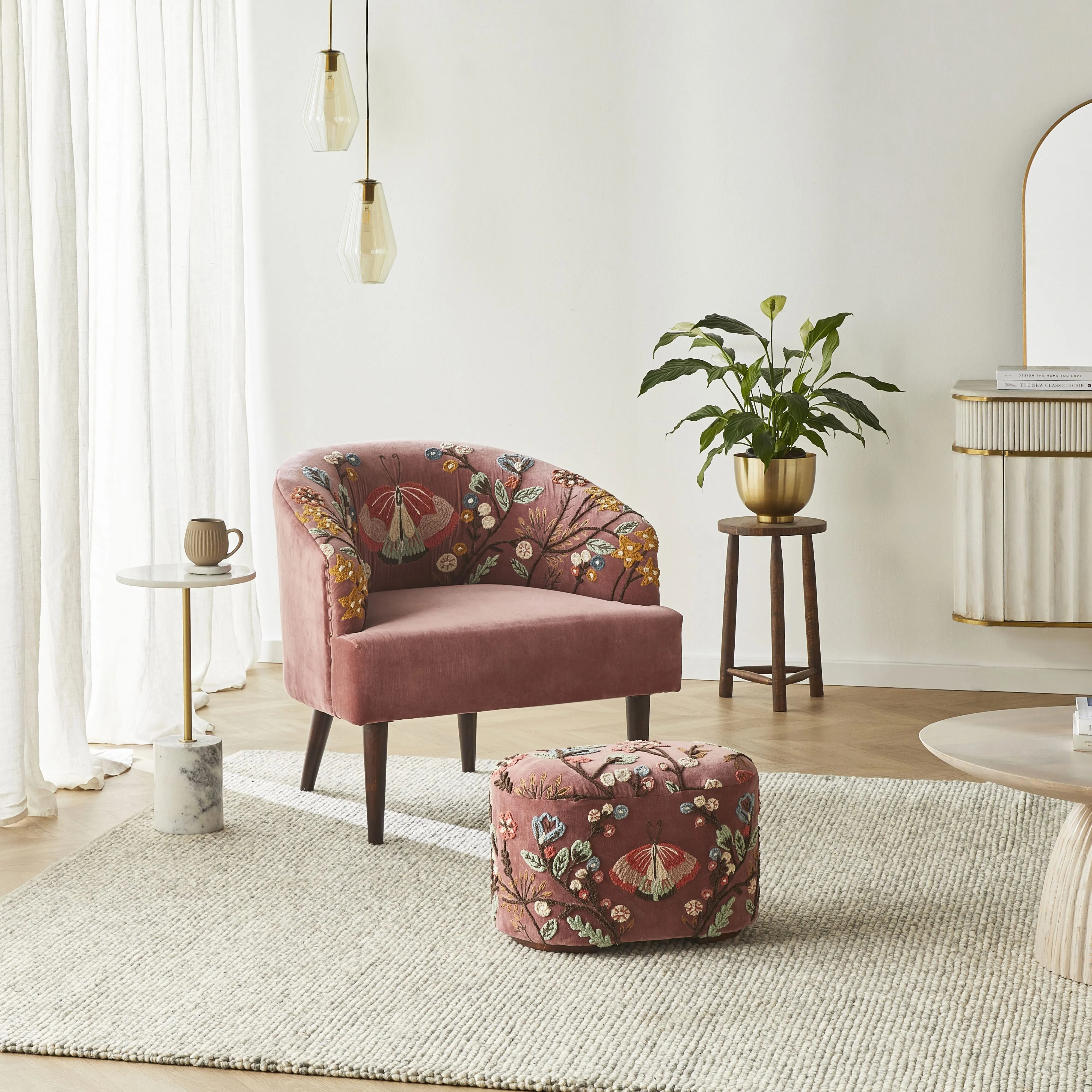 Freya Embroidered Occasional Chair Pink Velvet